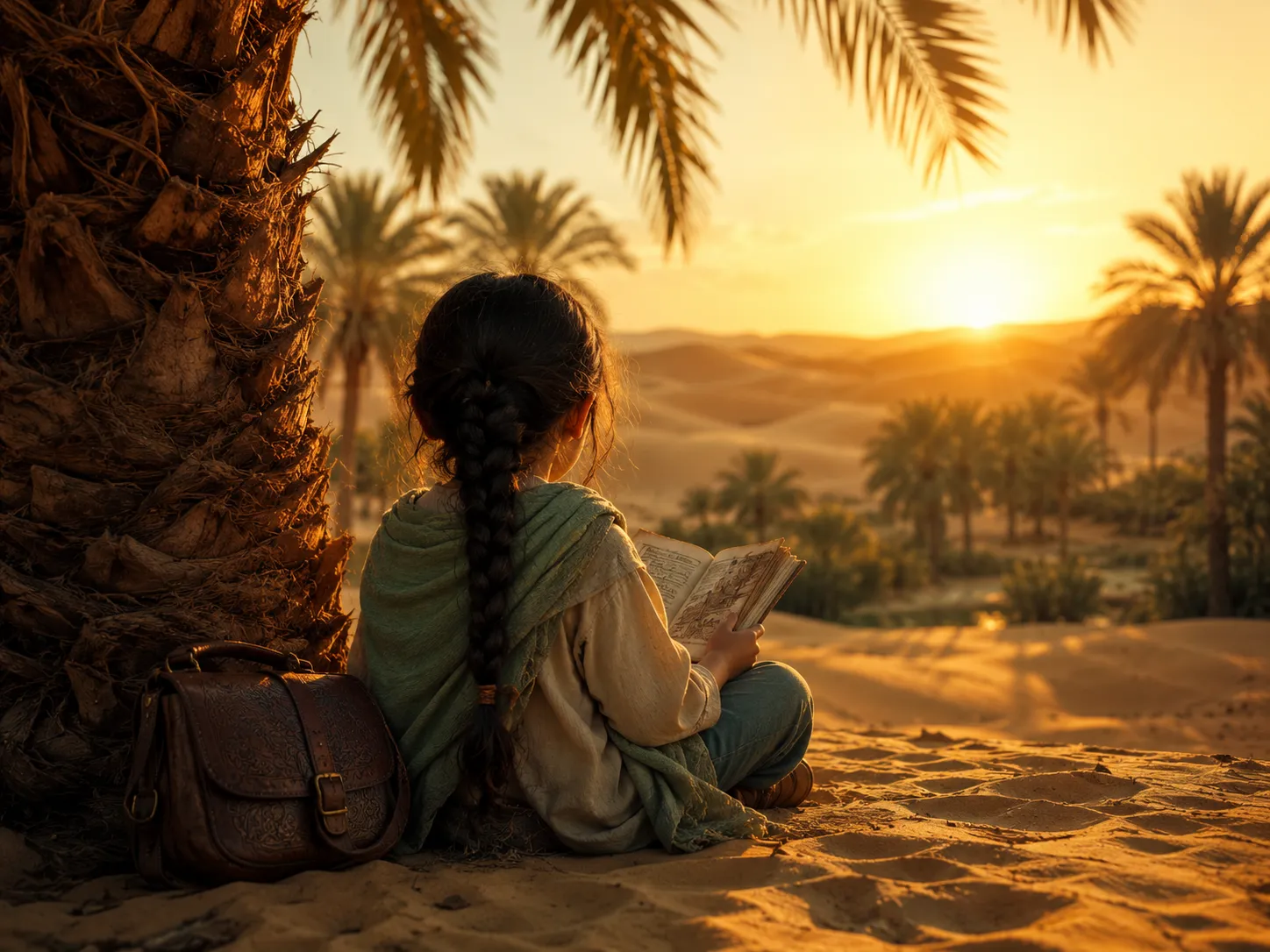 Enfant lisant le Coran sous un palmier au coucher du soleil